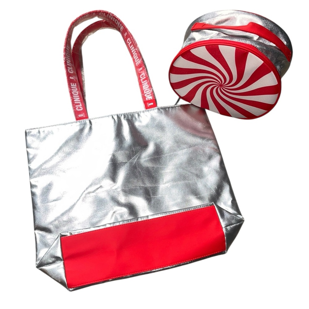 Bloomingdales Clinique Large Shoulder Travel Silver Tote Bag Cosmetic Case Combo